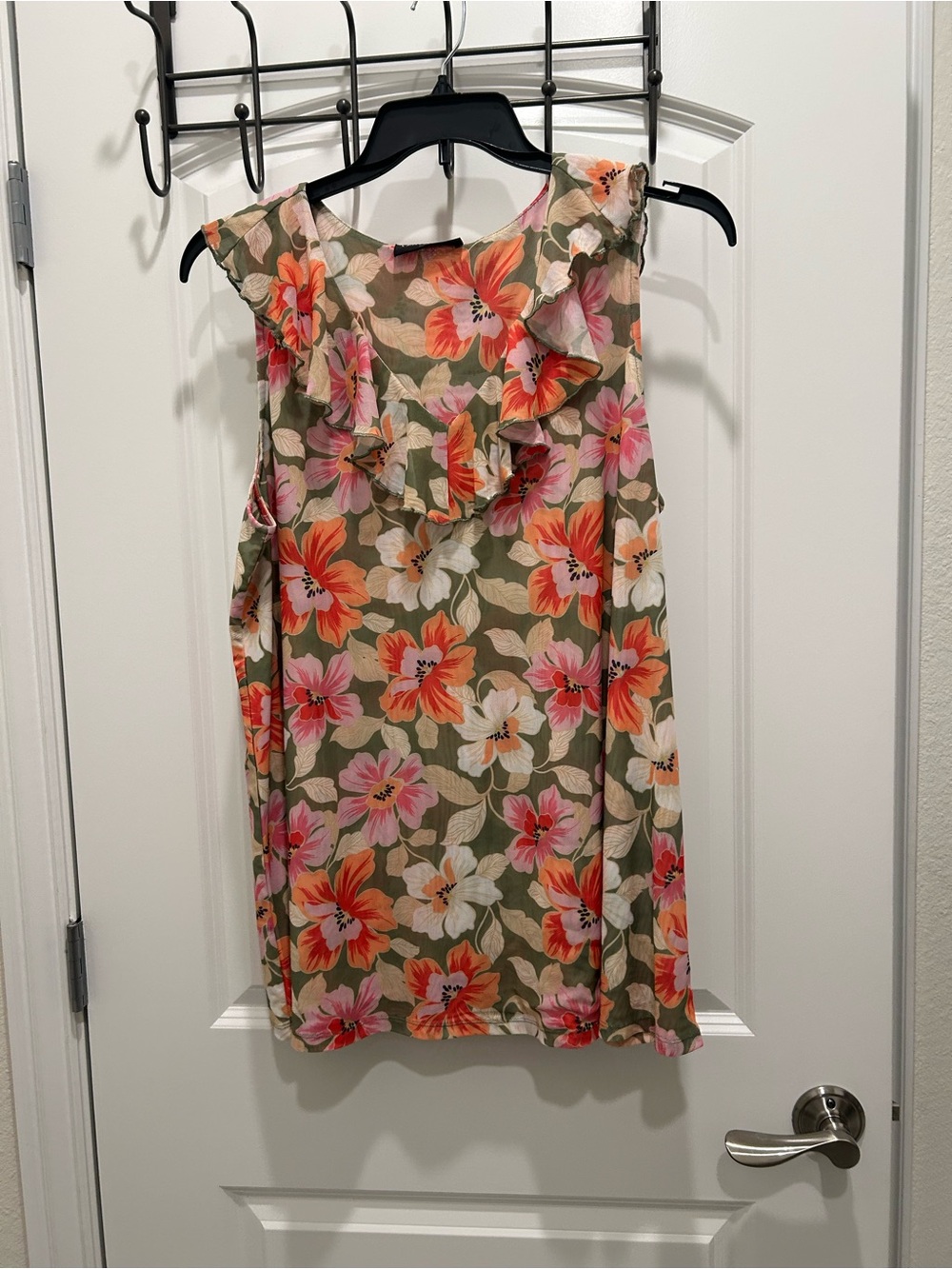 Lane Bryant Floral Ruffle Sleeveless Top - Olive with Coral & Pink Flowers